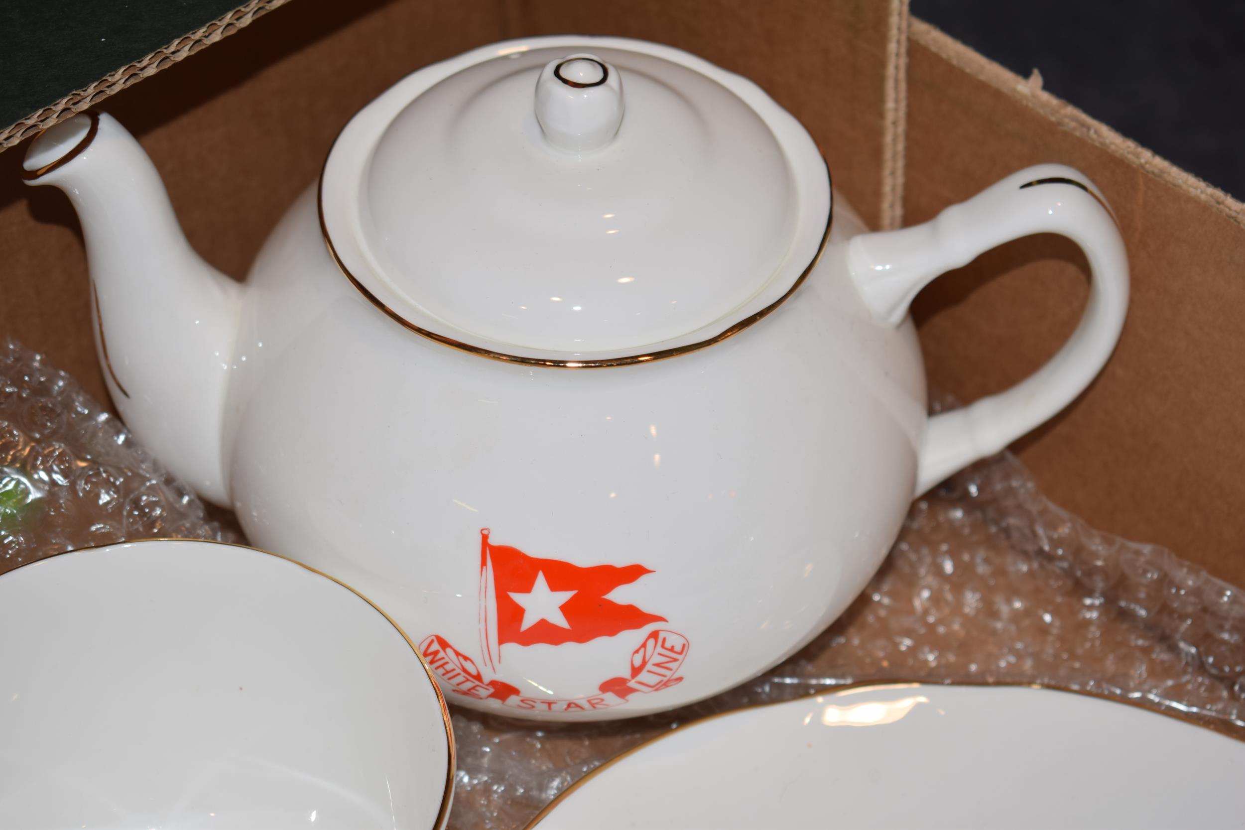 Claytondale tea set with 'White Star Line' decoration to include a teapot, milk and sugar with trios - Image 2 of 4