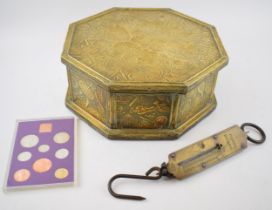 A brass cased sewing box (31cm x 31cm x 13cm) with satin lined lid and contents together with a