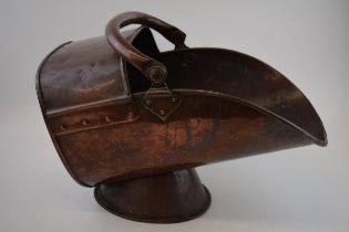 Victorian copper helmet scuttle, English, fireside coal bucket. Height 39cm, width 28cm, length