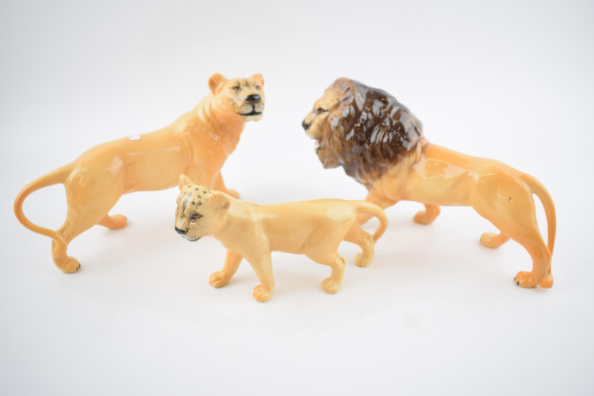 A collection of Beswick Lions to include Lion 2089, Lioness facing left 1507 and Lion cub 1508 (