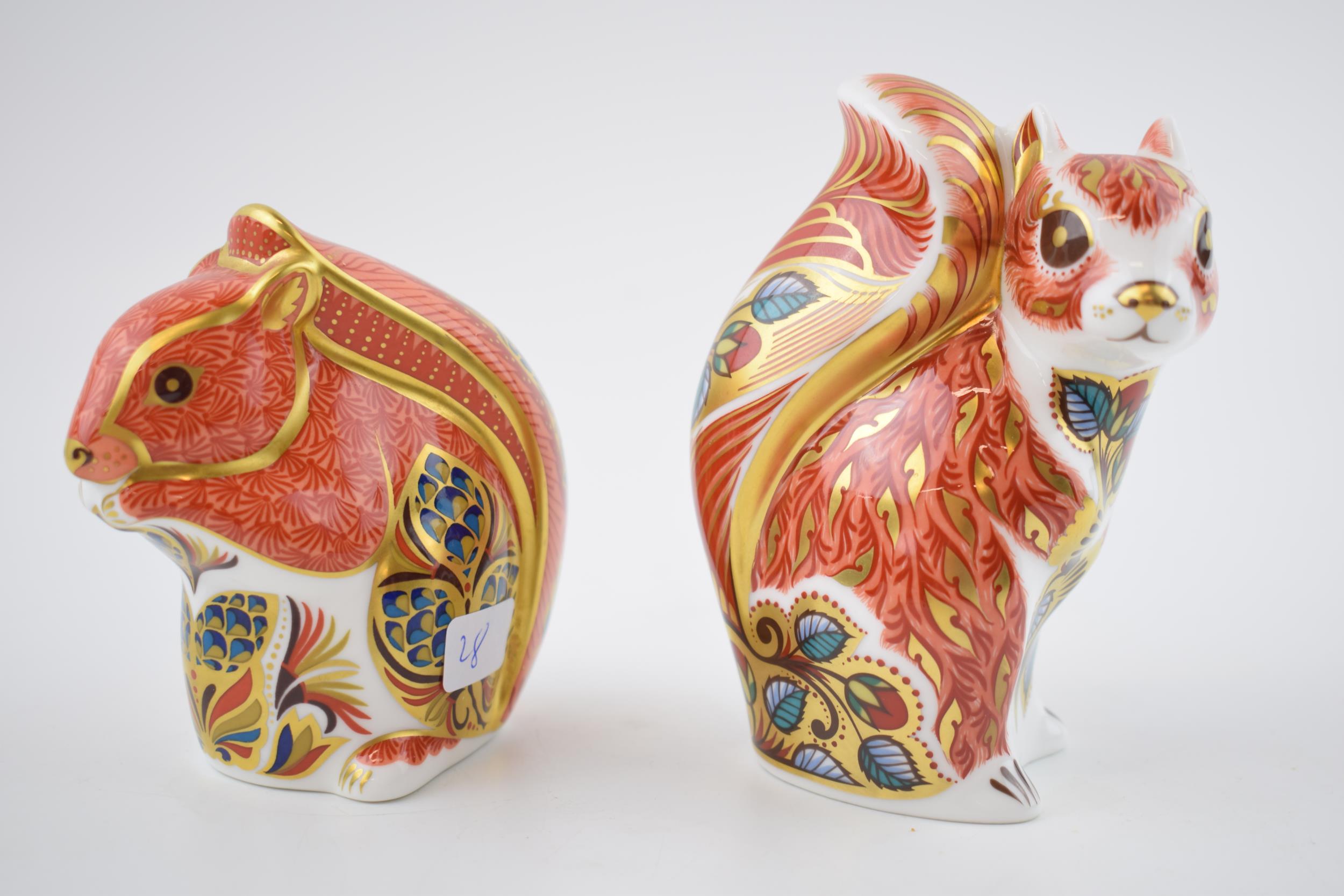 Two Royal Crown Derby paperweights, Woodland Squirrel, 10cm high and a Red Squirrel, with date