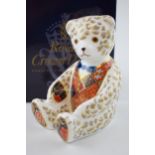 Royal Crown Derby paperweight, Teddy Bear with blue bow tie, 12cm, gold stopper and red Royal