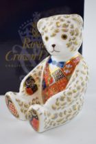 Royal Crown Derby paperweight, Teddy Bear with blue bow tie, 12cm, gold stopper and red Royal