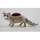 Sterling silver pin cushion in the form of a fox, with red velvet cushion, 6cm long. Modern.