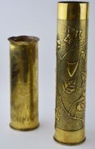 A WWI trench art brass French shell case Diameter 8cm, Height 35cm, together with another French