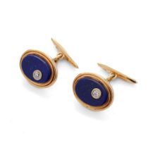 18ct gold hallmarked (2000) lapis lazuli & diamond set cufflinks, diamonds each about .20ct, gross