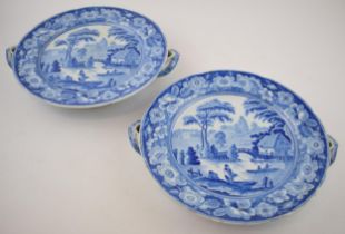 A pair of early 19th century blue and white transfer-printed Wild Rose pattern hot water plates,