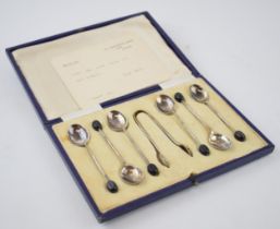 Hallmarked silver set of 6 tea spoon with sugar tongs, given to Revered E Leah of Westwood Road,