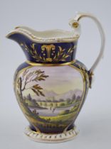 Early 19th century porcelain jug decorated with an estate scene including a lake scene, probably