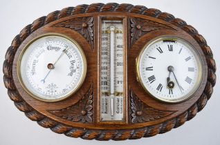 Early 20th century wall hanging barometer clock with central thermometer, bevelled glass, in