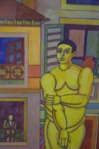 Modern School, cubist style, painting of a man with buildings to background, 58 x 43cm, framed and