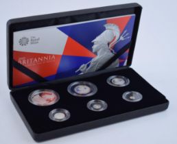 Royal Mint 2015 Britannia silver proof six coin set, boxed with certificate, in cardboard sleeve.