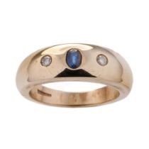 9ct gold gypsy ring set with a central sapphire, flanked by 2 diamonds, 11.9 grams, size Y.