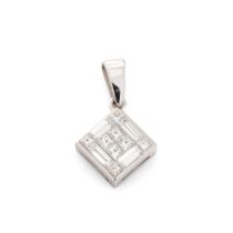 18ct white gold pendant set 12 diamonds –8 x square & 4 x baguette. Face measures 9mm x 9mm.