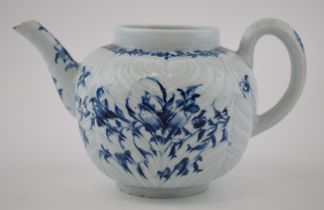 An 18th century blue and white porcelain Worcester feather moulded floral pattern teapot, c. 1760.