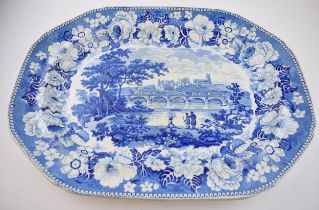 An early 19th century blue and white transfer-printed Elkins Rock Cartouche series large platter, c.