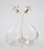 Silver collared double oil bottle, Chester hallmark, date mark rubbed, 14.5cm tall. In good