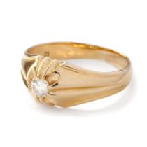 18ct gold hallmarked single diamond gypsy set ring, diamond measures 0.20 ct approx. Weight 4.2g,