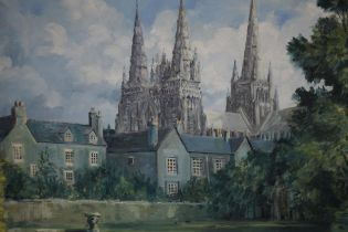 Ivan Taylor (British 1946-) an oil on board of Lichfield Cathedral featuring the three spires, in