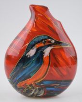 Anita Harris Art Pottery teardrop vase, decorated with a Kingfisher, 21cm tall, signed by Anita.