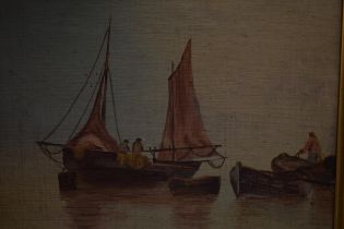 A collection of original artwork to include an oil on board of a sailing scene in gilt frame, a boat