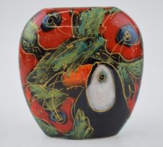 Anita Harris Art Pottery purse vase, decorated with a toucan and poppies, 12cm tall, signed by