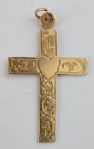 9ct gold cross pendant, 1.3 grams, 34mm long.