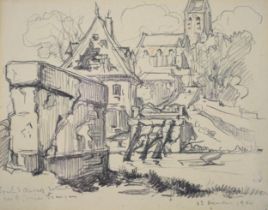 Henri Lucien Cheffer, 1880 - 1957. Original pencil drawing. WWI Battle Damage, France 1914. War