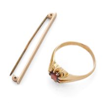 9ct gold ring set with central garnet, size X, together with a 9ct gold tie pin with metal pin, 1.
