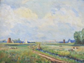 N Filbee oil on canvas panel of South Walsham Marshes, with St Benet Abbey in the distance,