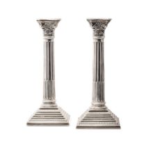 Pair of corinthian column candlesticks with weighted bases. Sterling silver. Hallmarked