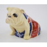 Royal Doulton British Bulldog with Union Jack flag, 6.5cm tall, Rd No. 645658 (restored). Displays