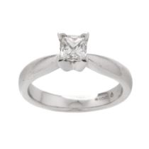 Platinum diamond ring set with 0.41ct diamond, 'D' colour, SI2 clarity, 4.7 grams, size I, with