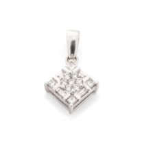 14ct white gold pendant set 15 diamonds – 7 x round, 4 x square & 4 x baguette. Face measures 9mm