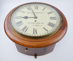 Wall clock / school clock. 16" mahogany case. Roman numerals with Wm. G Hawkes, 50 Walton St. S.W.