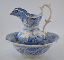 An early 19th century blue and white transfer-printed Sicilian pattern jug and bowl, c. 1830.