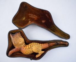 Cased Victorian meerschaum pipe in the form of a grotesque animal, perhaps a gator, in original