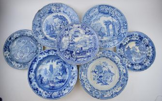 A group of early 19th century blue and white transfer-printed plates, c. 1825-40. To include