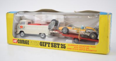 A boxed Corgi Toys Gift Set 25, Volkswagen Breakdown Truck with Trailer and Cooper-Maserati F/1.