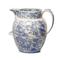 An early 19th century blue and white transfer-printed Spode Old Peacock pattern footbath jug, c.