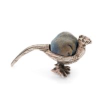 Early 20th century sterling silver pin cushion in the form of a pheasant with blue velvet cushion,