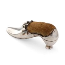 Hallmarked silver pin cushion in the form of a shoe with an ornate buckle, Birmingham, late 19th