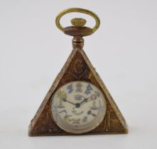 Bronze style Masonic triangular clock, with top wind, 6.5cm tall, in working order, modern.