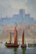 An early 20th century oil on board of a harbour scene with castle in the background, possibly a
