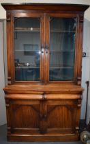 Large 19th century mahogany estate made glazed bookcase, original blue paint to interior, adjustable
