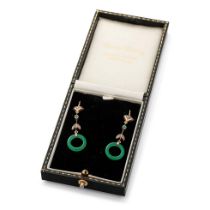 9ct gold drop earrings with circular jade rings with rose cut diamonds, 5cm long. 9ct hoops appear