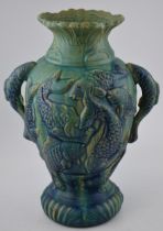 Large ceramic vase with embossed Koi Carp decoration fish, two handled, indistinct stamp to base,
