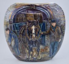 Lyn James: a hand painted large purse vase of a heavy horse scene with a cart of barrels 'Pulling