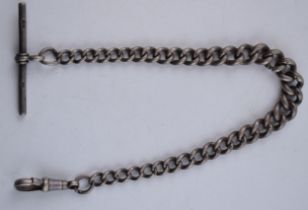 Hallmarked silver albert chain / watch chain, with T bar, 26.6 grams, graduated links, 23cm long.