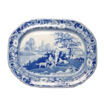 An early 19th century blue and white transfer-printed Davenport Villagers pattern large platter,